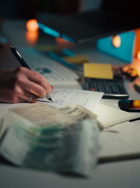 Close-up of a person's hands holding a pink calculator while reviewing paperwork, including receipts, invoices, and packing lists, on a white surface. An orange printed document and a pencil are also visible among the papers. The scene appears to be inside a property or office space, with the focus on calculations related to a home relocation or moving logistics. This image illustrates the process of estimating costs and managing packing and moving expenses, relevant to house removals services offered by Movers Bermondsey, as seen on their website's Bermondsey removals cost calculator page.